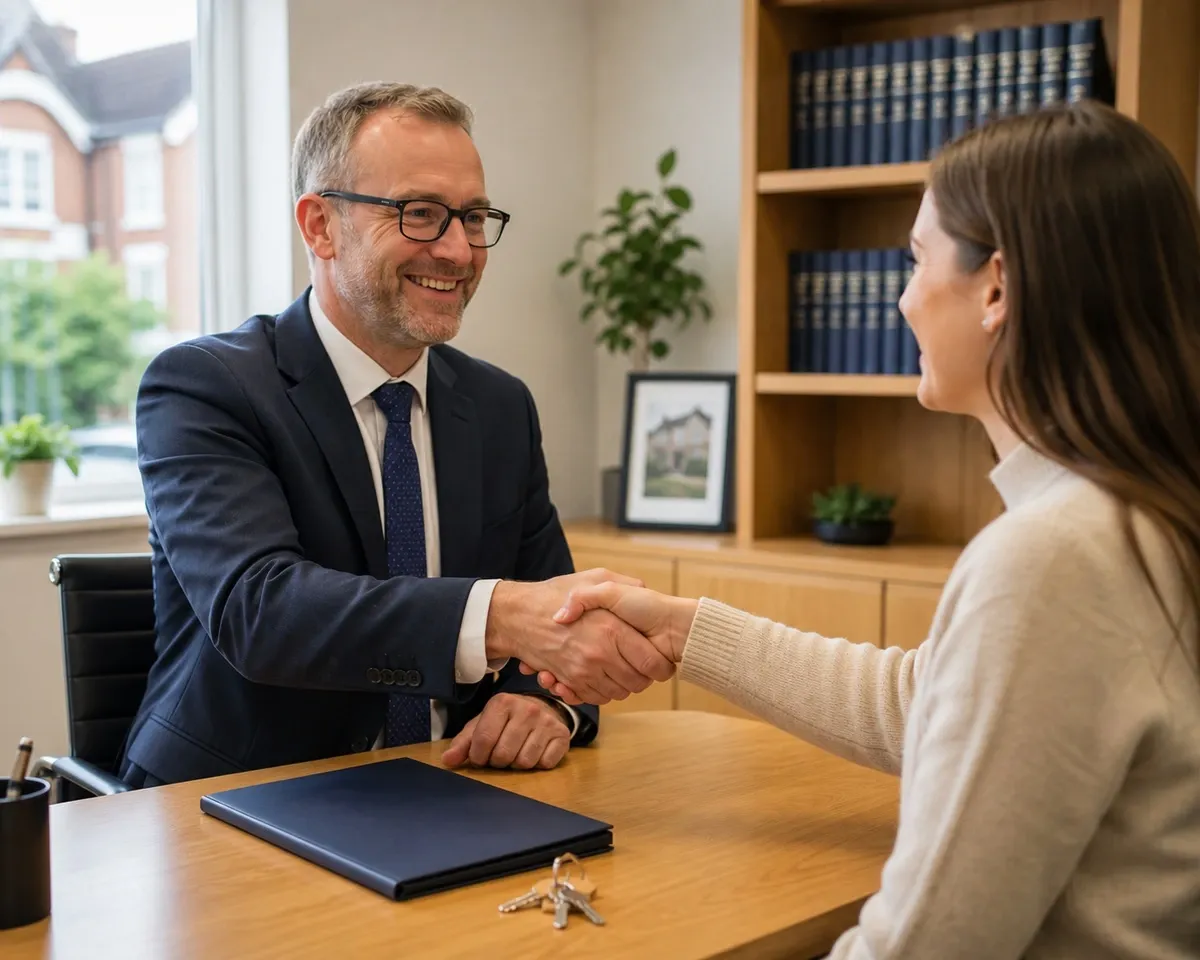 Solicitor and client shaking hands over a residential conveyancing transaction